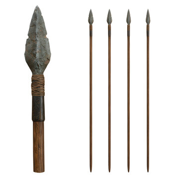 Set of spears with stone tips isolated on transparent background