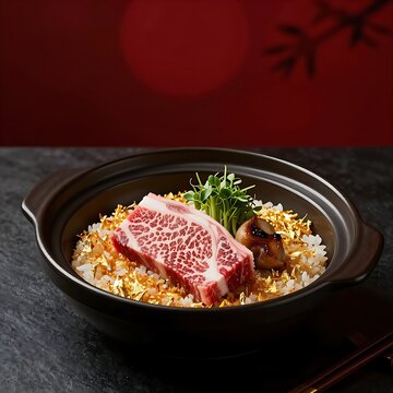 Luxury beef and conpoy clay pot with marbled wagyu and gold leaf