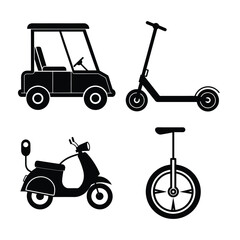 Set of micro mobility transport icons including electric scooter moped golf cart and unicycle vector silhouettes © Brisy Gayen