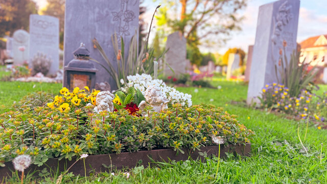Peaceful cemetery memorial garden during autumn remembrance season with floral grave decoration, natural landscaped burial grounds, respectful outdoor tribute atmosphere for spiritual reflection
