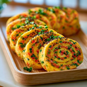Sliced Korean rolled omelet gyeran mari with vegetables on wooden tray