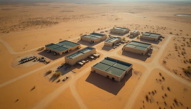 Military base buildings spread across desert landscape. Aerial view shows roads connecting structures. Vehicles are parked nearby. Arid environment with sparse vegetation and sandy ground.
