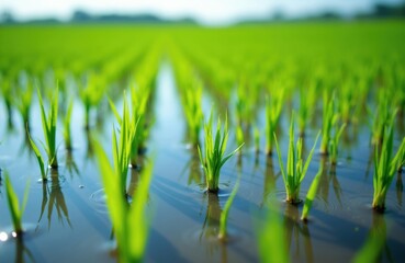 Obraz premium Young rice plants grow in flooded paddy field. Rows of green sprouts emerge from water creating lush agricultural landscape. Natural farming scene symbolizes growth and sustenance.