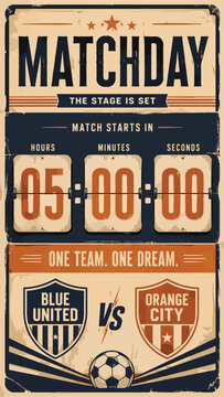 Vintage matchday poster with countdown flip clock for soccer game between blue united and orange city