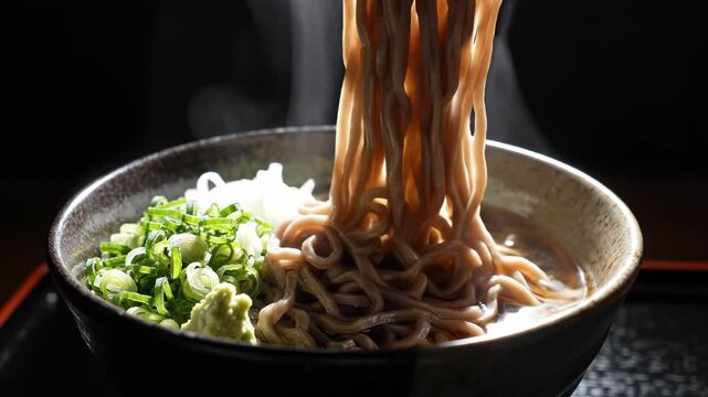 Steaming Hot Soba Noodles In Traditional Japanese Bowl With Wasabi And Scallions, Gourmet Buckwheat Dining Experience, Umami Lunch With Chopsticks