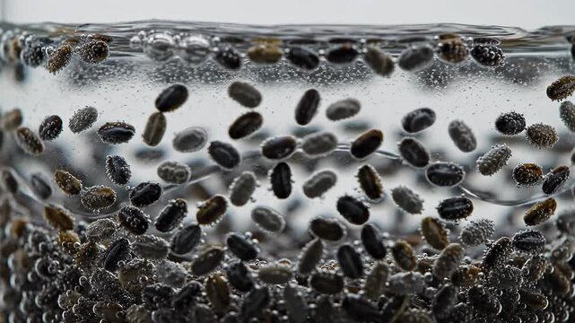 Chia Seeds Hydration Macro Shot, Organic Superfood In Water, Gelatinous Vegan Beverage For Healthy Diet Nutrition, Detox And Wellness Drink Preparation, Close Up Texture Of Soaking Seeds In Glass
