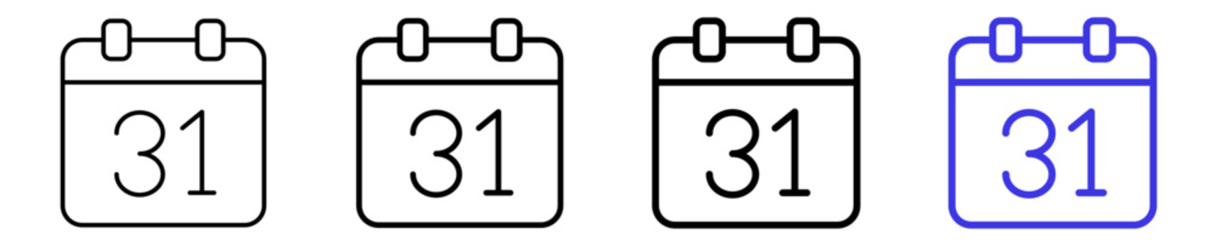 Monthly date calendar number thirty-one line icon set. Editable vector stroke icon design