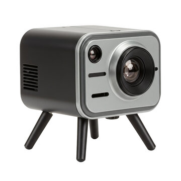 Modern mini projector with tripod isolated on transparent background