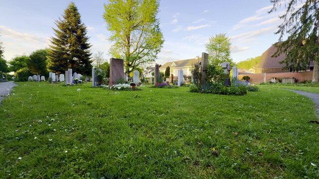Wide-angle view of peaceful cemetery landscape with green grass, sunlit paths and rows of gravestones, serene memorial park in bright daylight, calm outdoor burial ground scenery, symbolic atmosphere