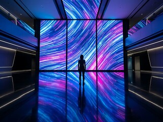 Fototapeta premium Silhouette person stands before a large digital display with abstract light streaks