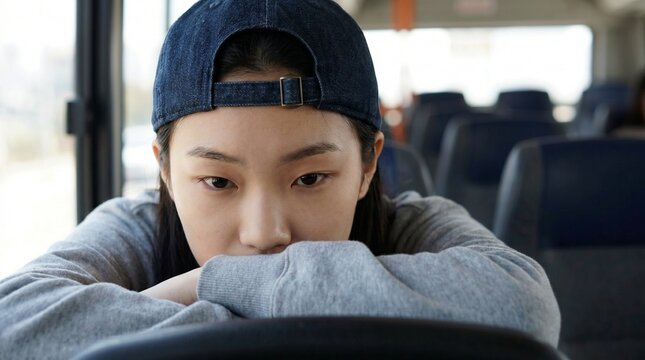 A young woman wearing a backward denim cap leans her chin on her arms aboard a bus. Her downcast, melancholic expression captures a heavy sense of exhaustion and quiet urban isolation.