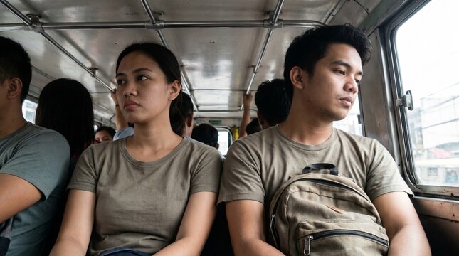 A man and woman sit stonily on a crowded bus, gazes averted. The cramped, industrial interior and heavy silence capture a palpable sense of emotional distance and urban weary.