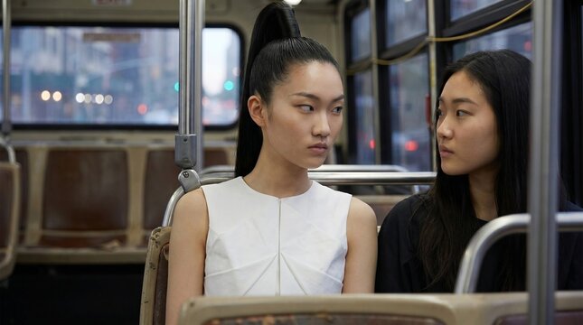 Two women exchange a tense, side-eyed glance while seated on a bus. Their sharp expressions and rigid posture evoke a cold feeling of social friction and silent urban hostility.