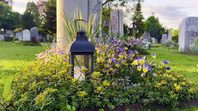 Cemetery gravestone with flowers and candles during daylight in landscaped memorial park, close-up funeral composition showing tribute and remembrance, peaceful burial ground atmosphere, symbolic