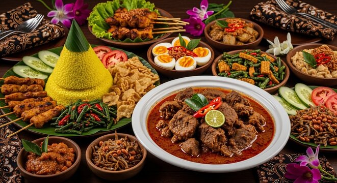 Traditional Indonesian food spread with various dishes and garnishes