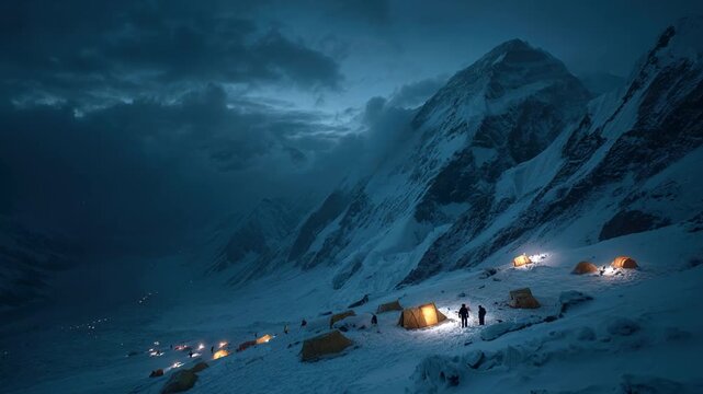 Night mountain landscape with glowing tents in base camp before summit attempt. Cold tones, expedition mood, professional mountaineering, adventure and extreme outdoor exploration.