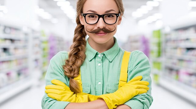 Young woman wearing cleaning gloves with fake mustache in supermarket
