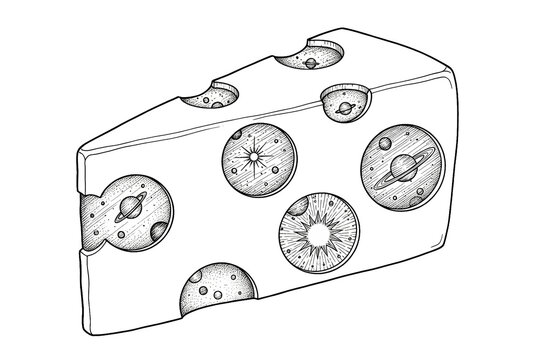 Surreal Concept Illustration of Cheese Wedge with Outer Space Galaxy in Holes