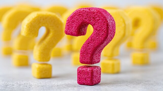 Pink question mark highlighted among yellow question marks on gray surface