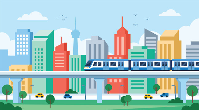 Modern city metro train on elevated track with city skyline, flat vector illustration
