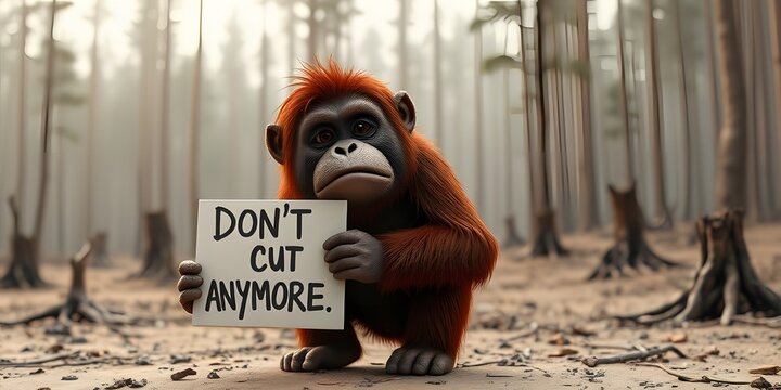 Realistic 3D orangutan with emotional expression holding protest sign in deforested landscape. Powerful environmental and wildlife conservation concept.