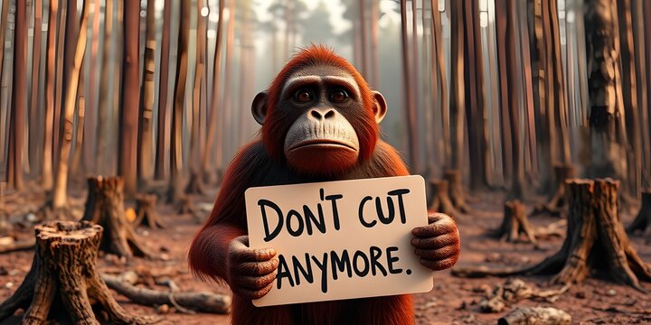 Realistic 3D orangutan with emotional expression holding protest sign in deforested landscape. Powerful environmental and wildlife conservation concept.