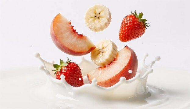Fresh Strawberry Banana and Peach Slices Falling into a Milk Splash on white background 