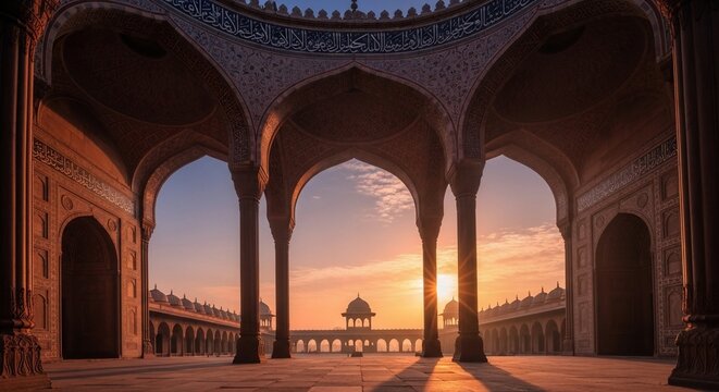 Ornate archways and columns at sunset in historic building