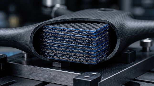 Cutaway View of Carbon Fiber Composite Laminate with Blue Core Structure