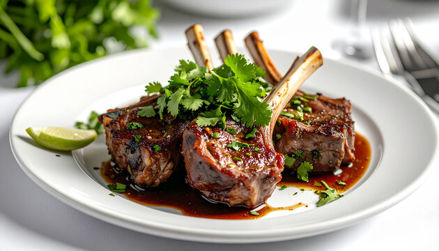 Lamb chops with herbs and sauce on plate