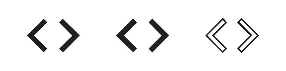Angle brackets icon set. Code, tag, or programming language symbol in solid, bold outline and thin outline styles. © liubomir118809