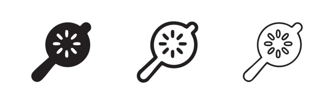 Citrus juicer icon set. Manual fruit squeezer, lemon or lime kitchen utensil symbol in solid, bold outline and thin outline styles.