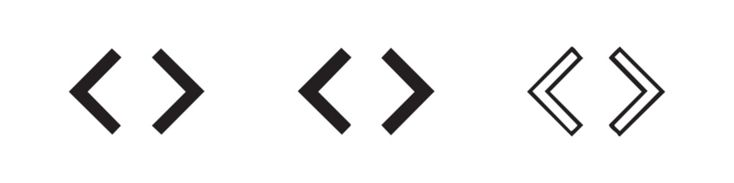 Angle brackets icon set. Code, tag, or programming language symbol in solid, bold outline and thin outline styles.