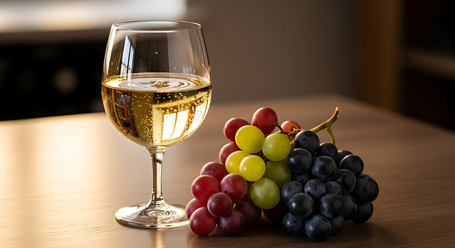 Chilled White Wine Glass with Mixed Red Green and Black Grapes on Wooden Table