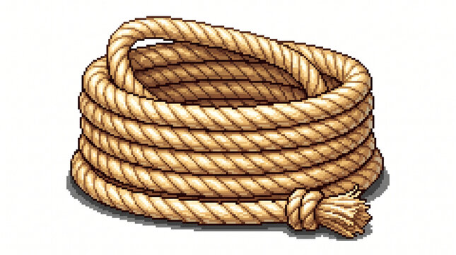A neatly coiled rope with a loop at the top and a tassel at the end, rendered in soft pixel art.