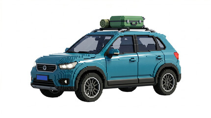 Fototapeta premium Pixel art of a blue SUV car with green luggage on roof rack, built with 3D blocks, isolated on white background.