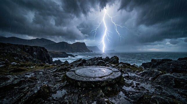 Dramatic landscape with lightning bolt striking ocean near rocky cliffs during rain storm.