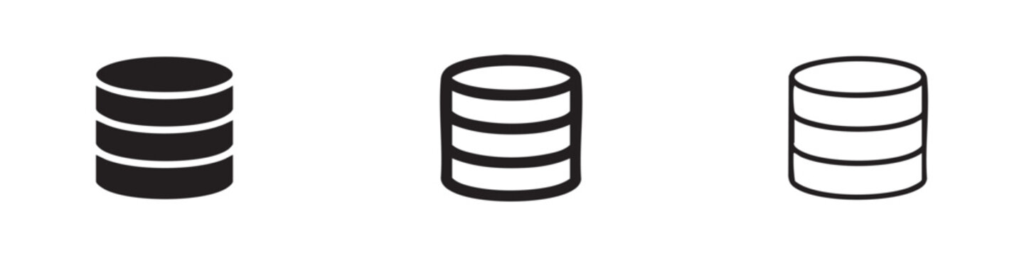Database icon set. Data storage server stack symbols in solid and outline styles for technology and computing.