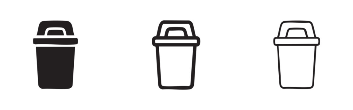 Trash can icon, waste bin or garbage container in solid and outline vector styles