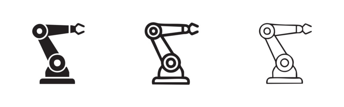Industrial robotic arm icon, factory automation and technology symbol in various styles