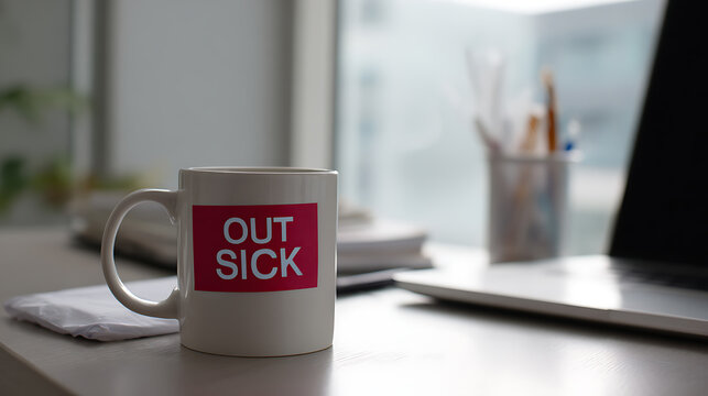 White ceramic coffee mug with "OUT SICK" message sits on a desk near a laptop, suggesting absence or a break from work