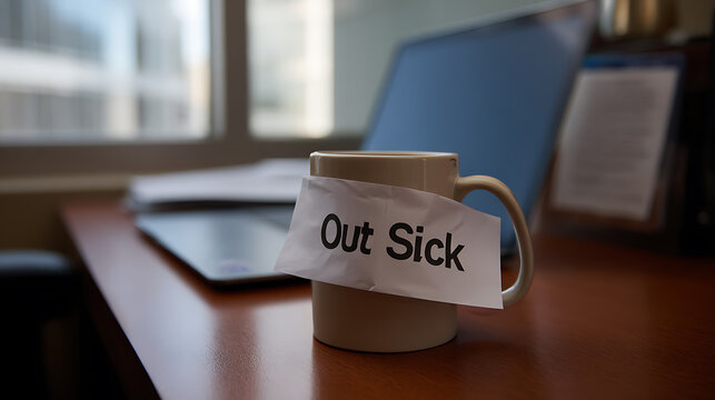 A ceramic coffee mug with a handwritten 'Out Sick' note placed on a desk, next to a closed laptop, signifying absence from work due to illness