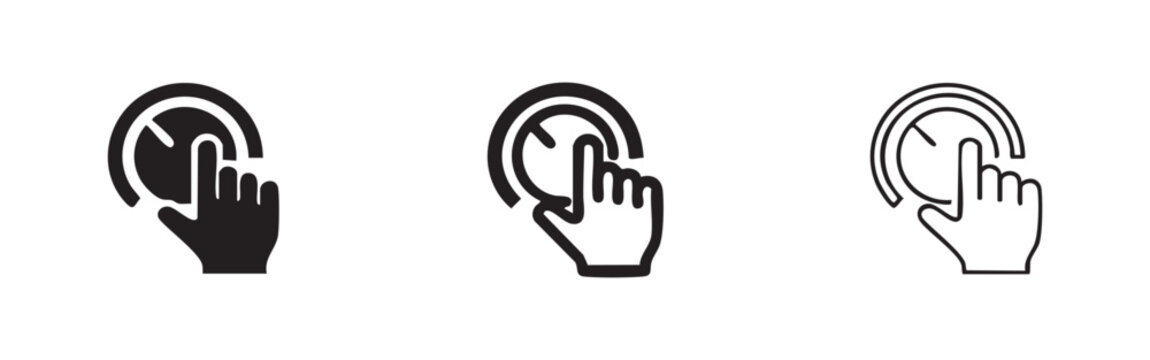 Hand clicking on speedometer icons set. Performance, speed or optimization symbol.