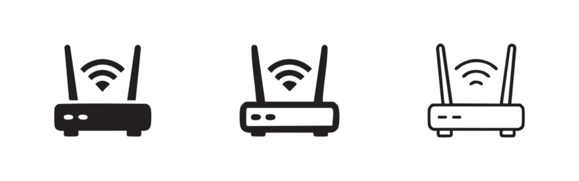 Wireless Wi-Fi Router Icons Set. Vector internet modem, broadband and network connectivity symbols in solid, line, and doodle styles.