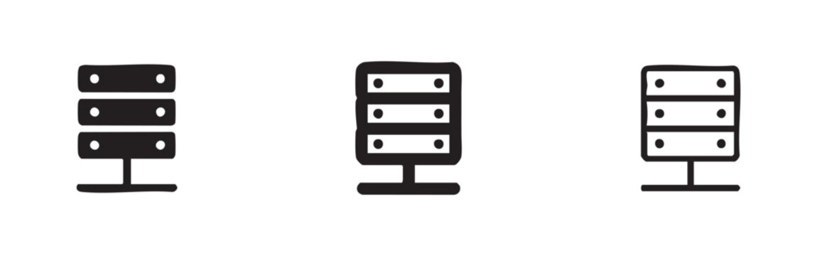 Server Rack and Database Icons Set. Vector network server, data storage, and information technology symbols in solid, line, and doodle styles.