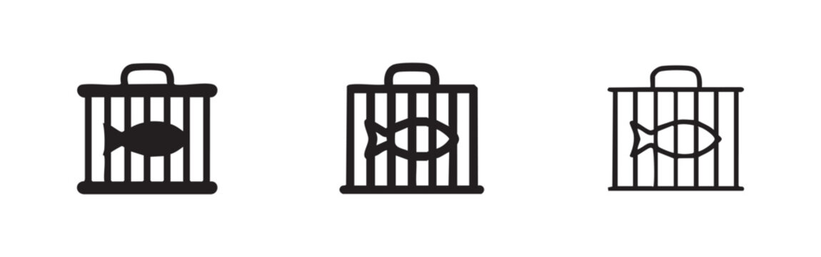 Fish Trap Icons Set. Fishing Cage Device Symbols.