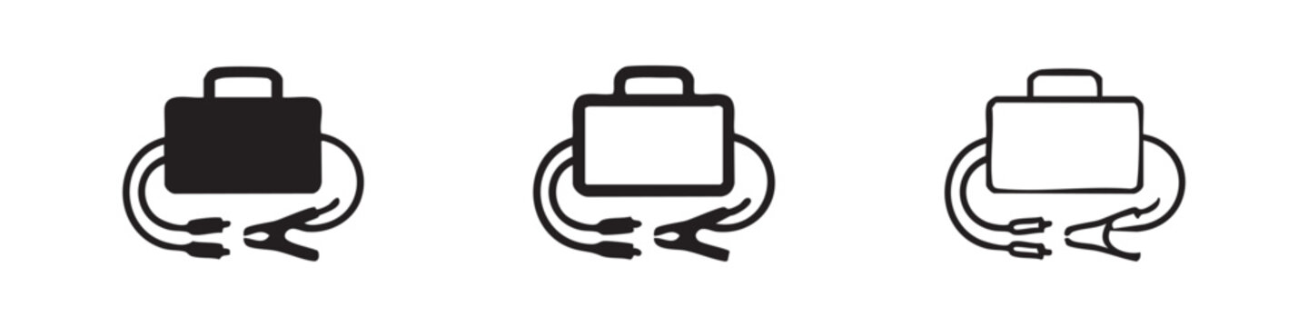 Jumper cables and battery charger icons set. Car starting kit symbol in solid, outline, and linear style.