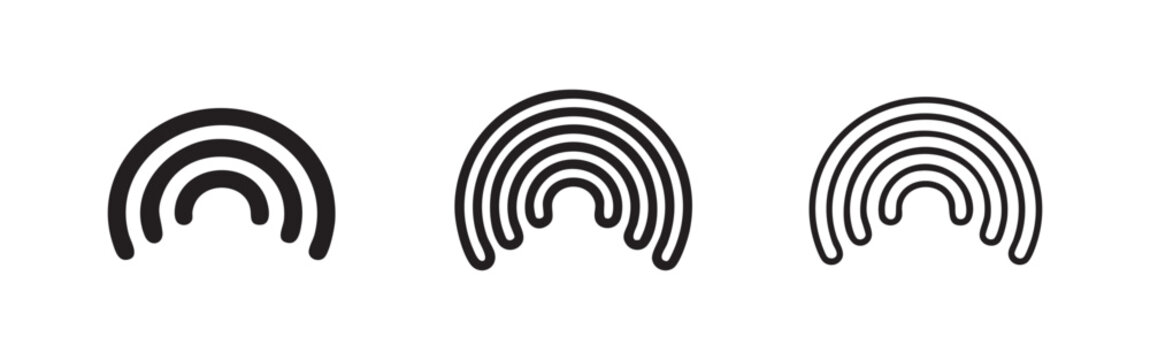 Minimalist rainbow arc icons set. Flat vector illustrations of abstract curves in solid and outline styles.
