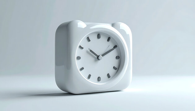 Modern white square alarm clock with rounded corners, minimalist design, showing exact time on dial, against a soft light gray background, clean studio shot, concept of time management or punctuality
