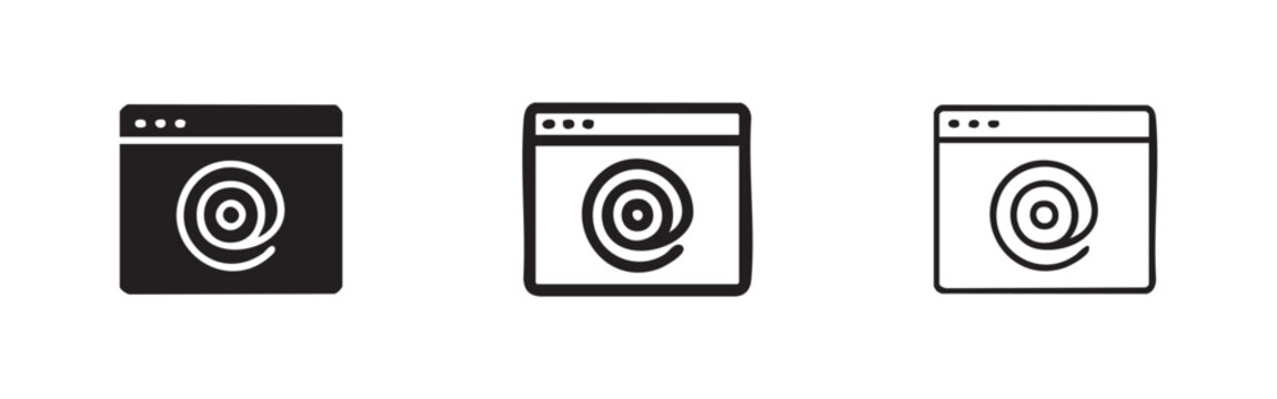 Browser window with at sign icons set. Vector illustrations of email, internet, and web communication in solid and outline styles.